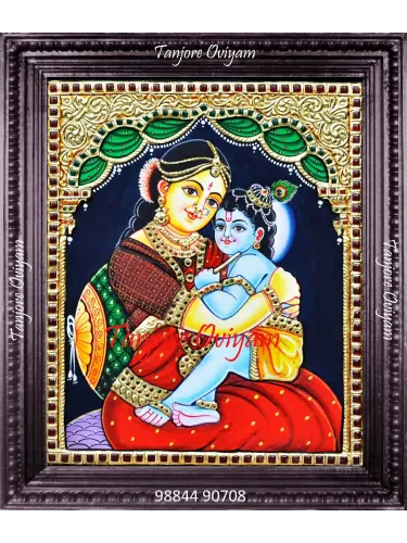 Krishna Yashodha Tanjore painting showing mother Yashoda holding baby Krishna in traditional gold foil artwork